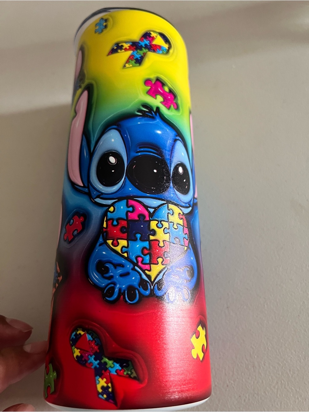 Disney Blue Stitch Puzzle Heart Colorful Plush-Style Tumbler